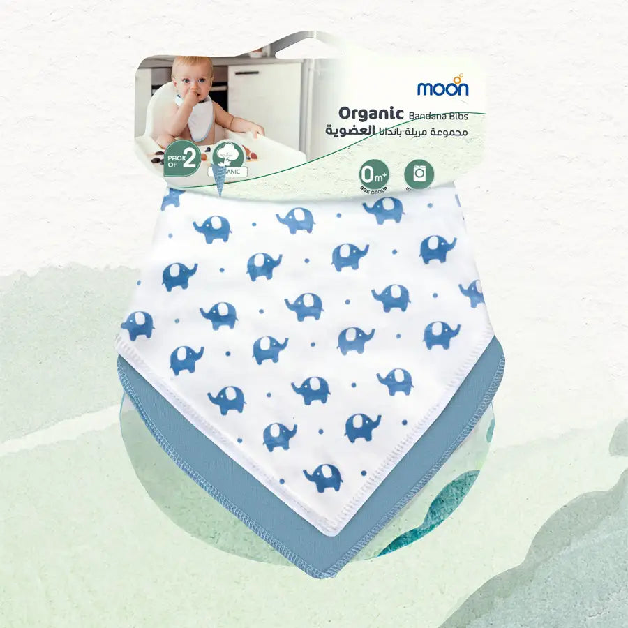 Moon Organic Bandana Bibs Regular (Pack of 2) Elephant & Blue