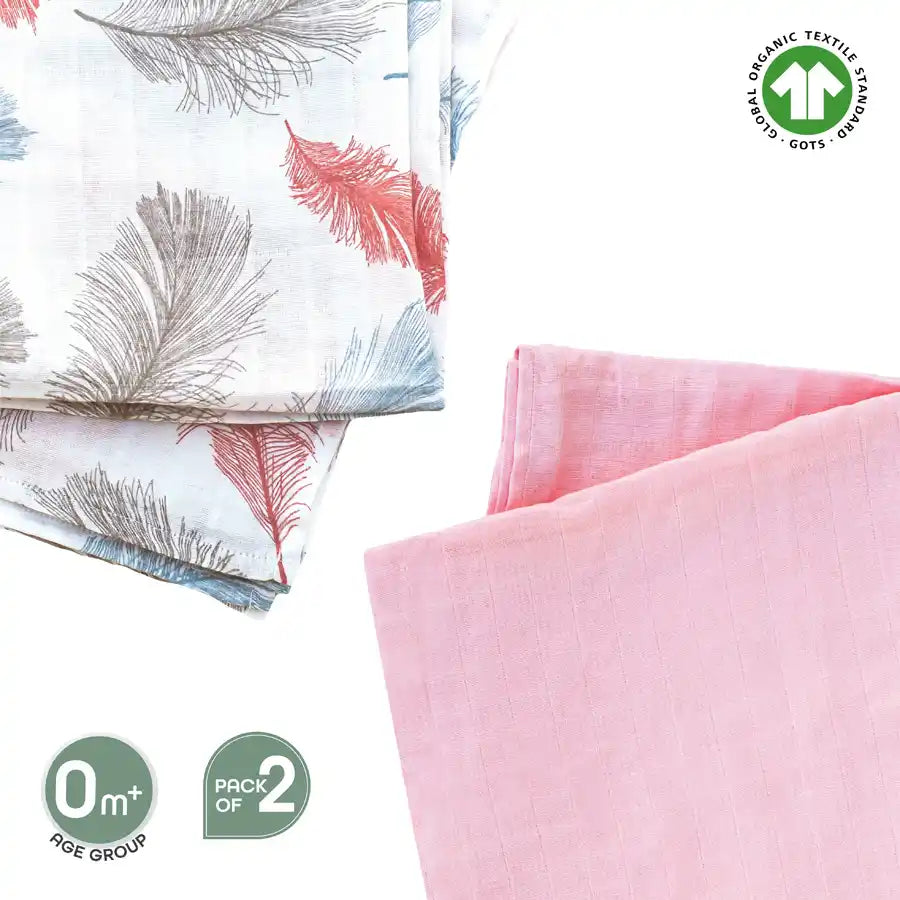Moon - Organic Muslin Wrap/ Swaddle (Feather Print & Pink)