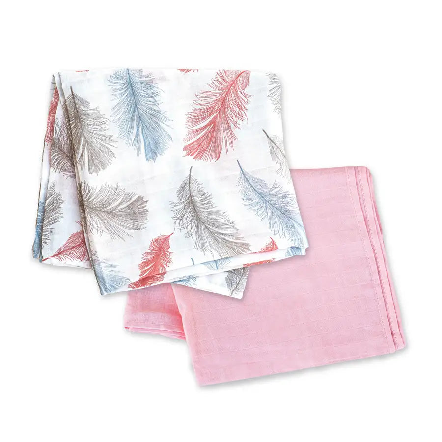 Moon - Organic Muslin Wrap/ Swaddle (Feather Print & Pink)