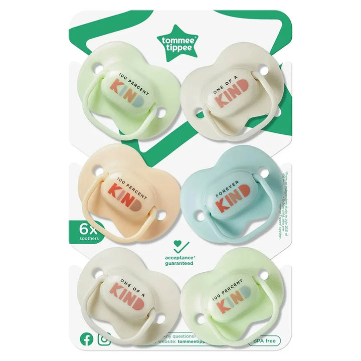 Tommee Tippee  Anytime Soother, Be Kind, Pack of 6, (0-6 months)