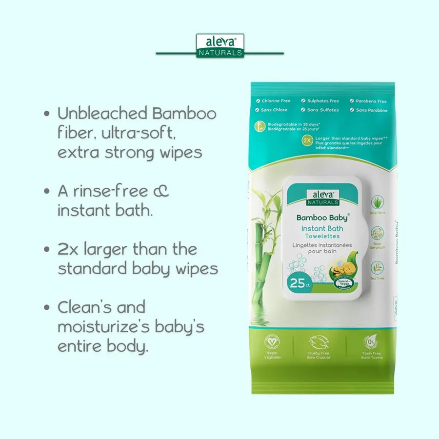Aleva Naturals Bamboo Baby Instant Bath Towelettes (Pack of 25)