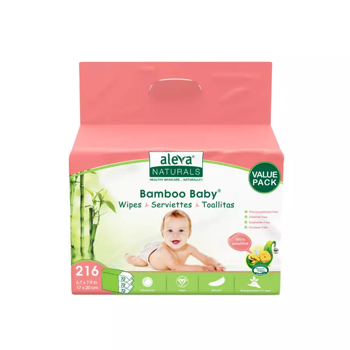 Aleva Naturals Bamboo Baby Sensitive Wipes Club Pack - 216Pcs