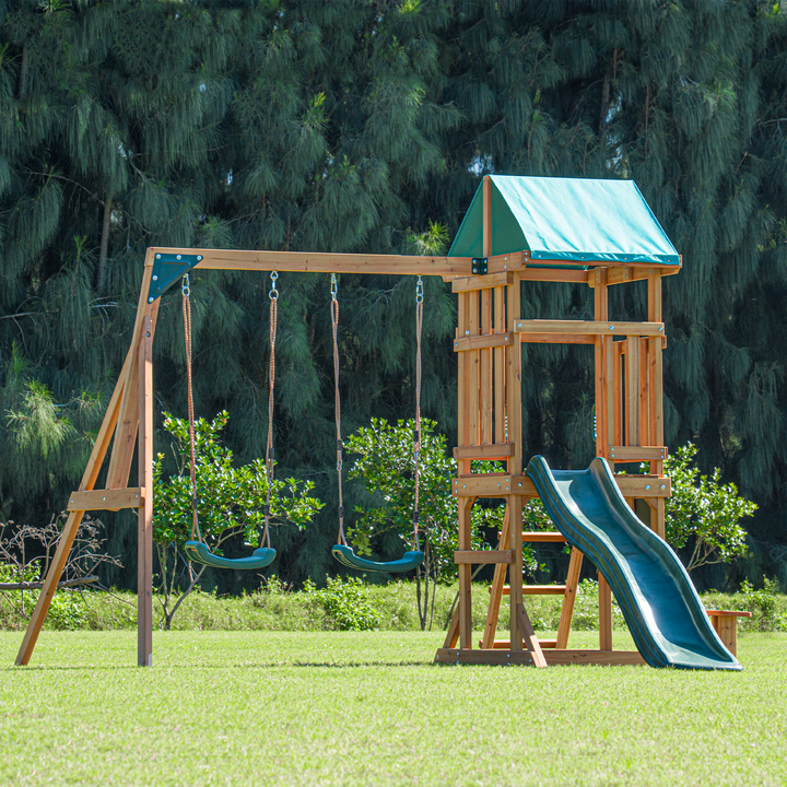 Mount Peak Taschhorn Wooden Swing Set with Slide & Playhouse