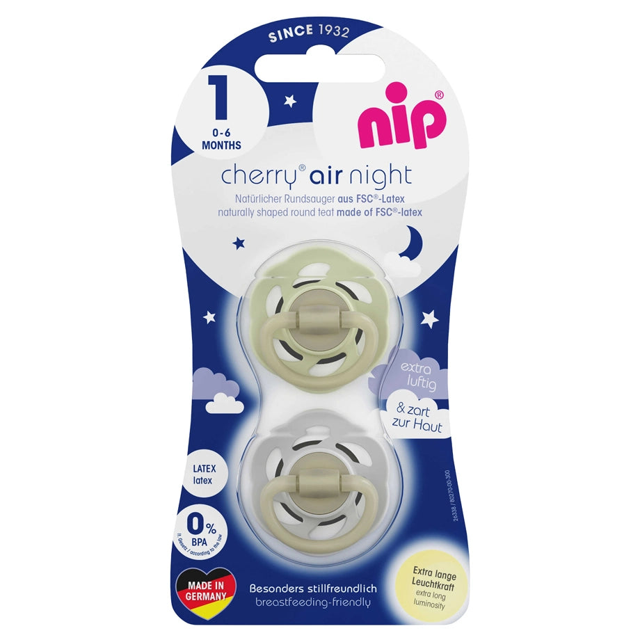 Nip Cherry Air Night Glow In The Dark Round Latex Soother (Grey & Green)