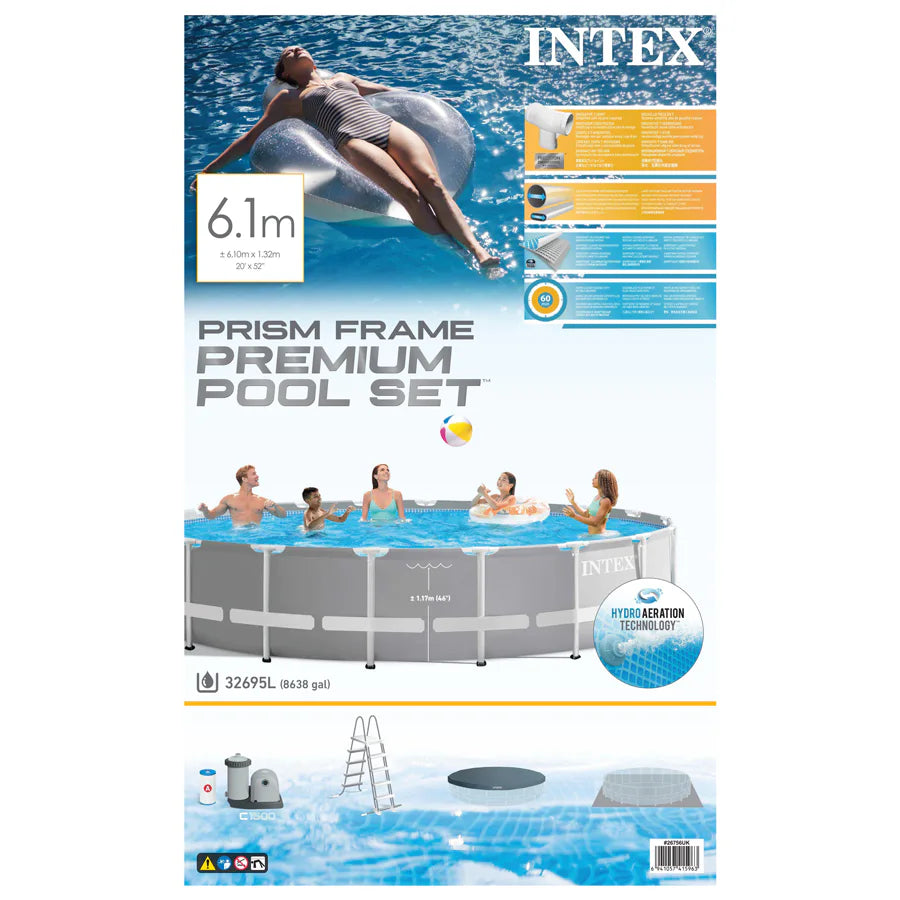 Intex Prism Frame Premium 6.1m Pool Set (W/220-240v Filter Pump, Safety Ladder, Ground Cloth, Cover)