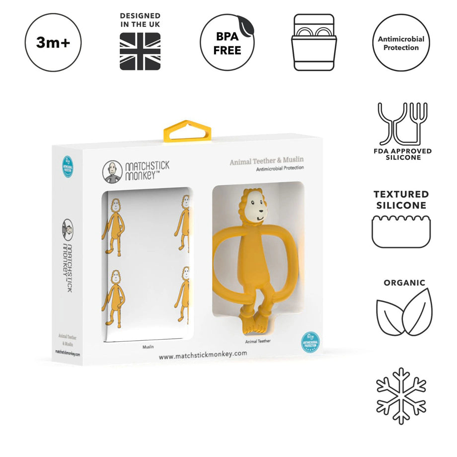 Matchstick Monkey Animal Teether & Muslin Gift Set Lion Matchstick Monkey Animal Teether & Muslin Gift Set Lion