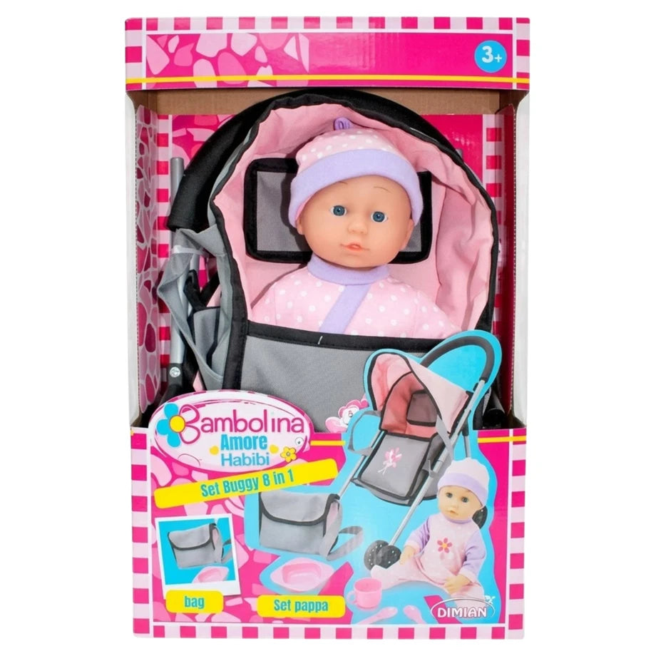 Bambolina 8-In-1 Buggy Set With 29Cm Doll, Carrier Bag, Handbag & 4 Accessories