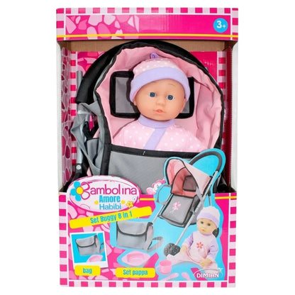 Bambolina 8-In-1 Buggy Set With 29Cm Doll, Carrier Bag, Handbag & 4 Accessories