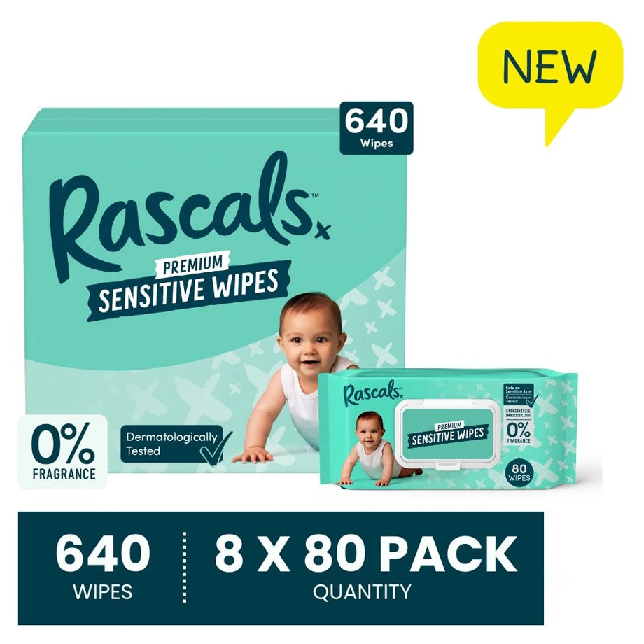 Rascals Premium Baby Sensitive Wipes (640 Count, 8 x 80)