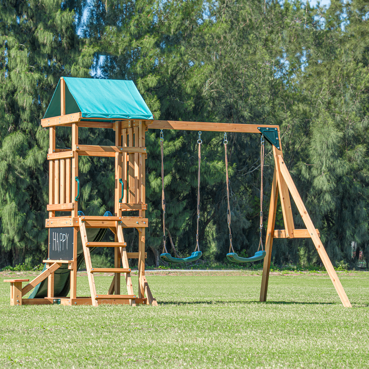 Mount Peak Taschhorn Wooden Swing Set with Slide & Playhouse