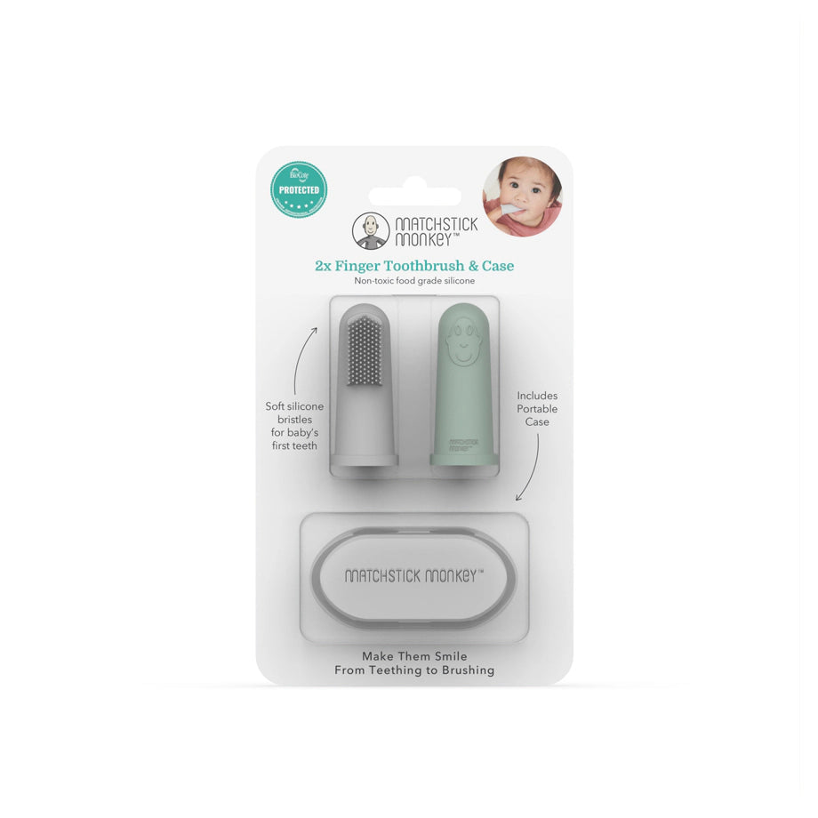 Matchstick Monkey Finger Toothbrush and Case Pack of 2 (Grey and Mint Green) Matchstick Monkey Finger Toothbrush and Case Pack of 2 (Grey and Mint Green)