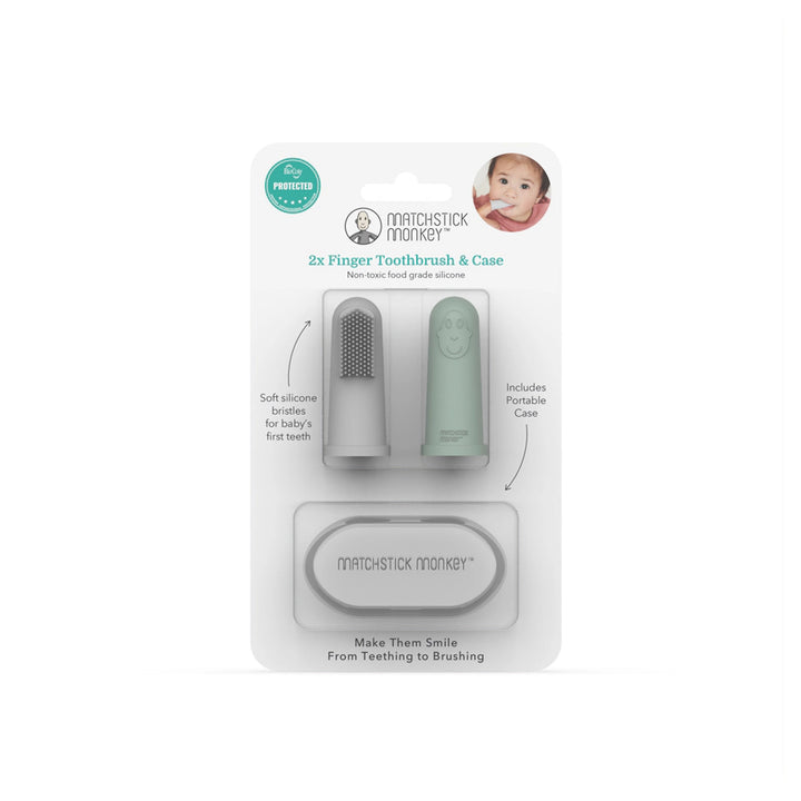 Matchstick Monkey Finger Toothbrush and Case Pack of 2 (Grey and Mint Green)
