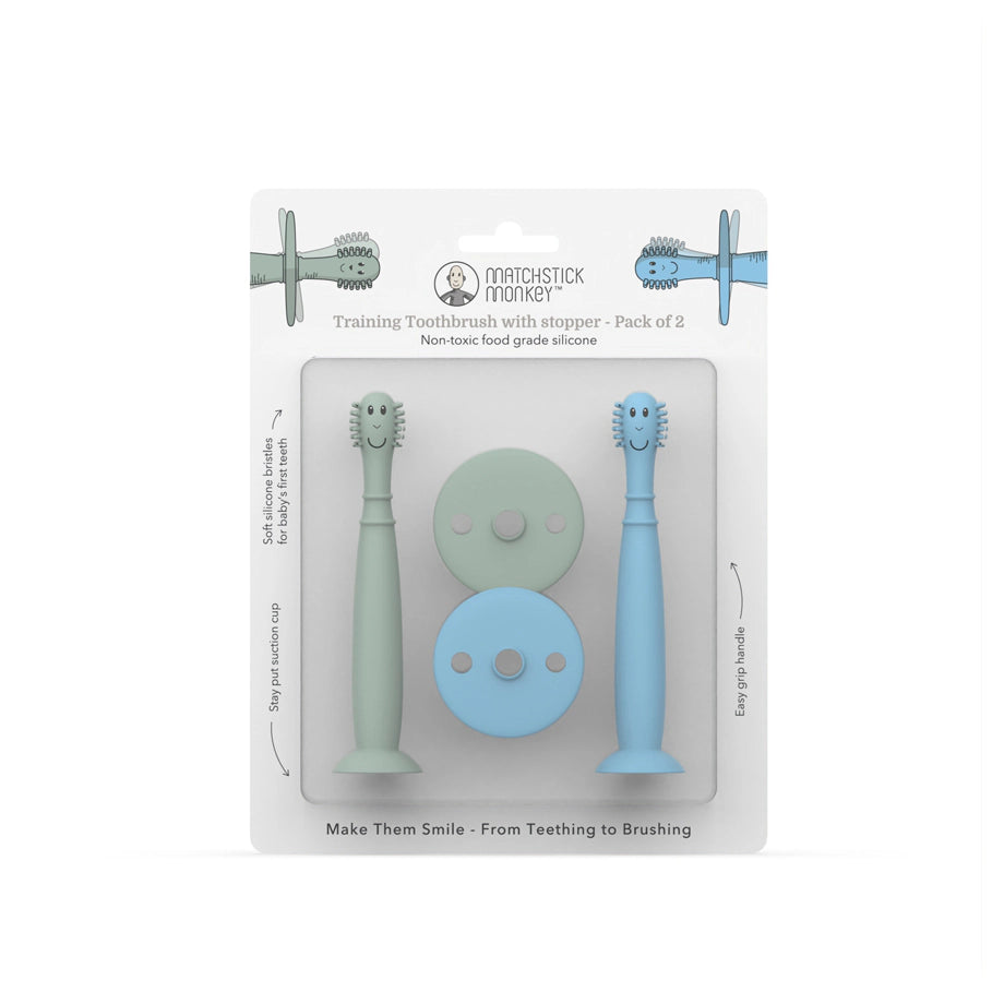 Matchstick Monkey Training Toothbrush With Stopper (Mint Green and Light Blue) Matchstick Monkey Training Toothbrush With Stopper (Mint Green and Light Blue)