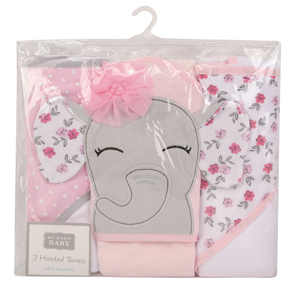 Hudson Baby - Knit Terry Hooded Towel 3pc - Floral Pretty Elephant