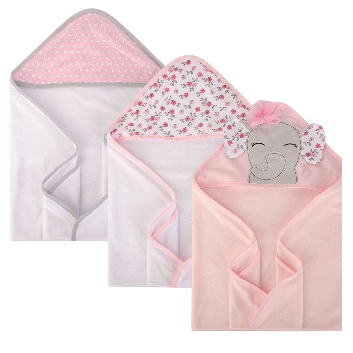Hudson Baby - Knit Terry Hooded Towel 3pc - Floral Pretty Elephant