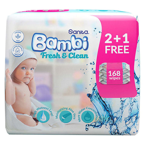 aloe bambi Bambi Wet Wipes Pack 56's - Fresh and Clean, 2+1 Free