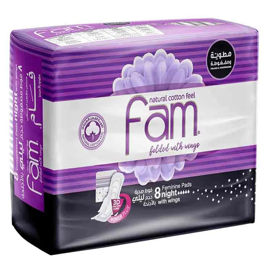 Fam Maxi Thick Folded Night Sanitary Pads with Wings (8 Pads)