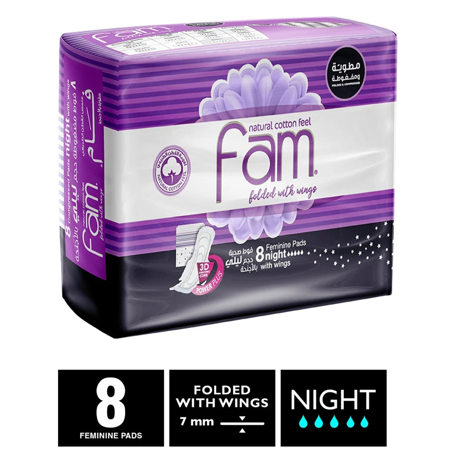Fam Maxi Thick Folded Night Sanitary Pads with Wings (8 Pads)