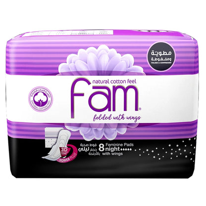 Fam Maxi Thick Folded Night Sanitary Pads with Wings (8 Pads)