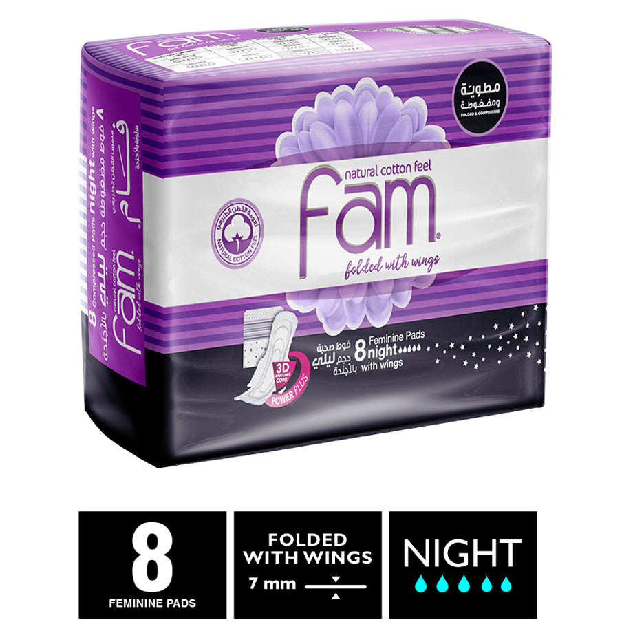 Fam Maxi Thick Folded Night Sanitary Pads with Wings (8 Pads)