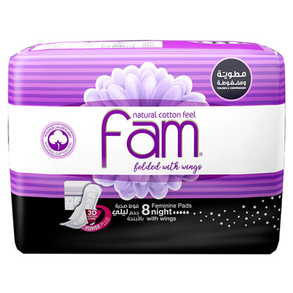 Fam Maxi Thick Folded Night Sanitary Pads with Wings (8 Pads)
