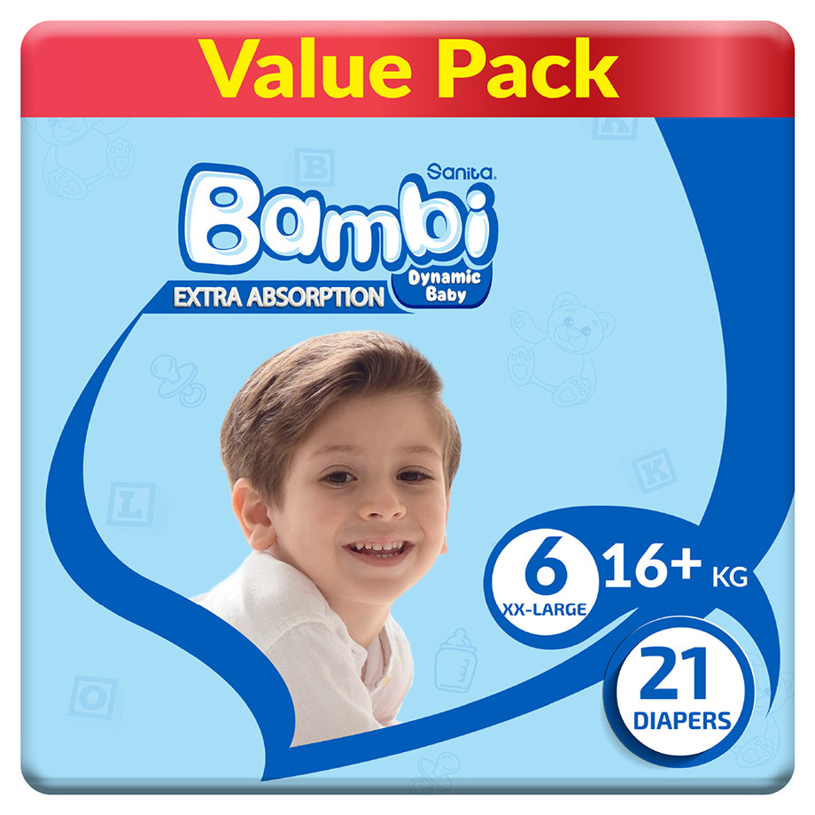 Bambi Baby Diapers Size 6 (18+ kg) Pack of 21 (Value Pack)