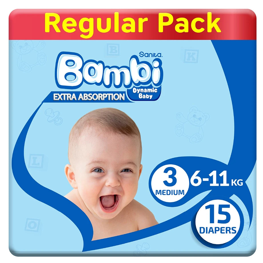 Bambi Baby Diapers Regular Pack of 15 Medium Size (6–11 kg)