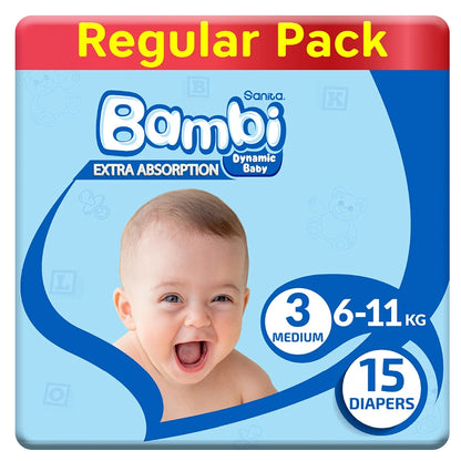 Bambi Baby Diapers Regular Pack of 15 Medium Size (6–11 kg)