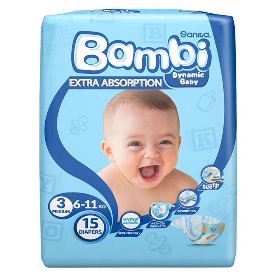 Bambi Baby Diapers Regular Pack of 15 Medium Size (6–11 kg)