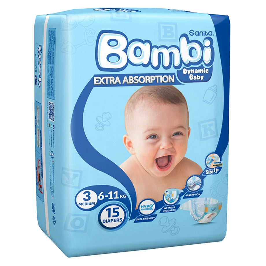 Bambi Baby Diapers Regular Pack of 15 Medium Size (6–11 kg)