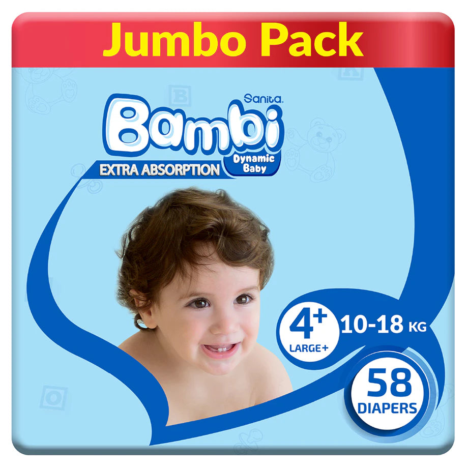 Bambi Baby Diapers Size 4+ (10–18 kg) Pack of 58 (Jumbo Pack)