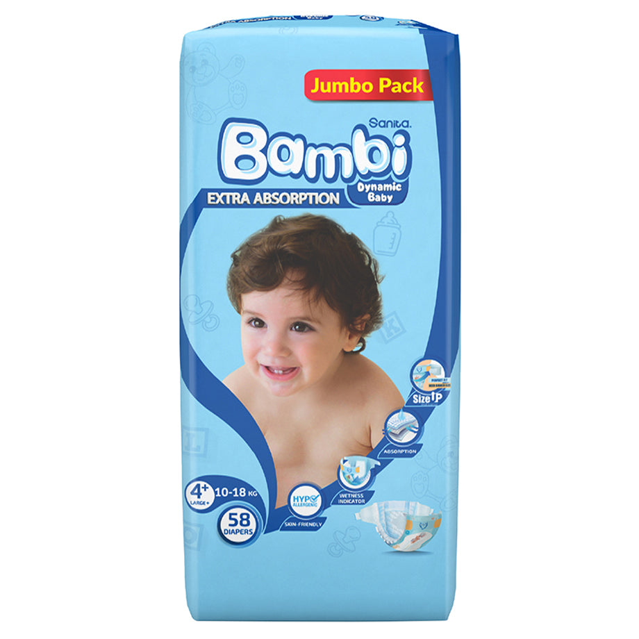 Bambi Baby Diapers Size 4+ (10–18 kg) Pack of 58 (Jumbo Pack)