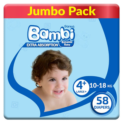 Bambi Baby Diapers Jumbo Pack of 58 Large+ Size (10–18 kg)