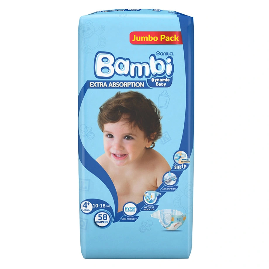 Bambi Baby Diapers Jumbo Pack of 58 Large+ Size (10–18 kg)