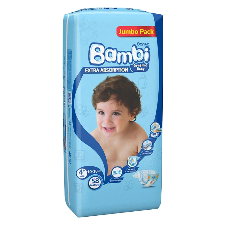Bambi Baby Diapers Jumbo Pack of 58 Large+ Size (10–18 kg)