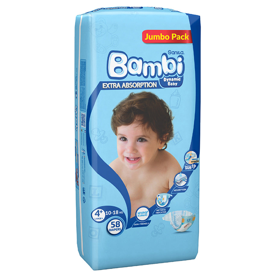 Bambi Baby Diapers Size 4+ (10–18 kg) Pack of 58 (Jumbo Pack)