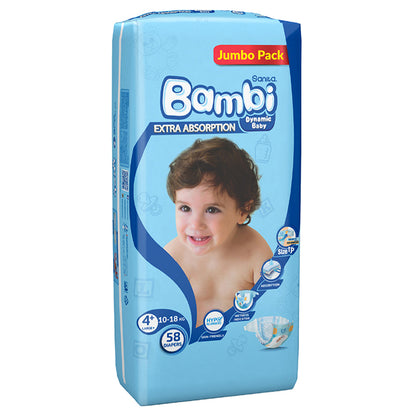 Bambi Baby Diapers Size 4+ (10–18 kg) Pack of 58 (Jumbo Pack)