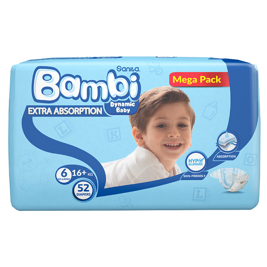 Bambi Baby Diapers Size 6 (16+ kg) Pack of 52 (Mega Pack)