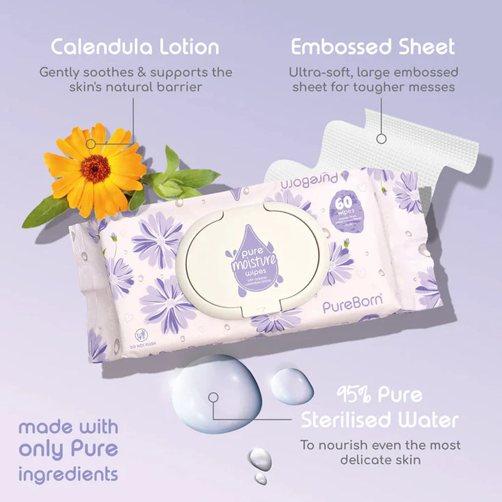 Pureborn Pure Moisture Wipes With Organic Calendula Lotion 60s