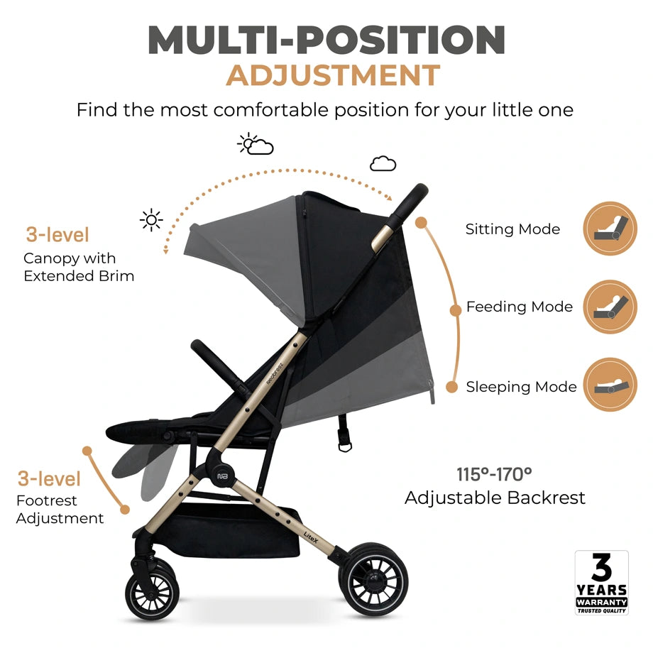 Neobreez Litex Compact Cabin Stroller Travel Stroller (Black/Gold)