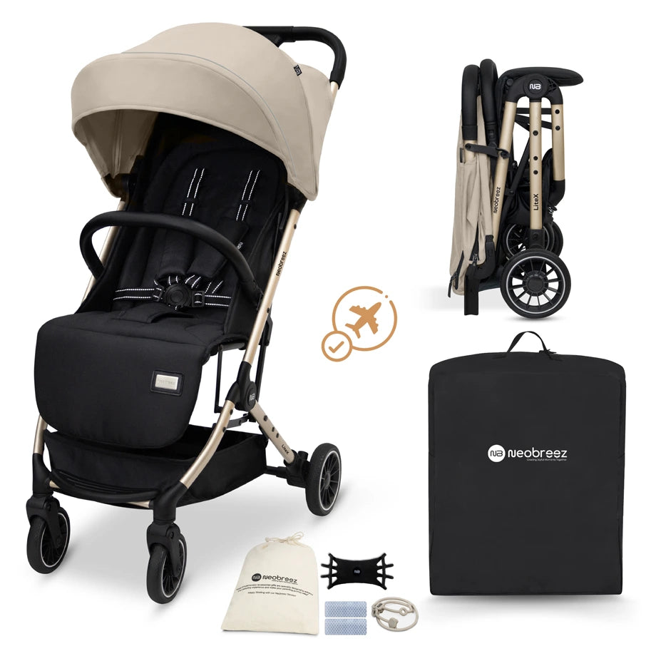Neobreez Litex Compact Cabin Stroller Travel Stroller (Beige/Black with Gold Frame)