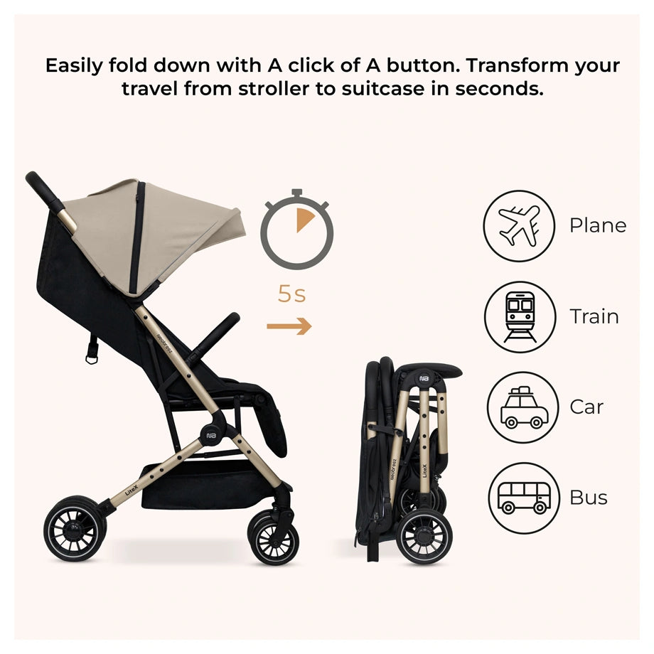 Neobreez Litex Compact Cabin Stroller Travel Stroller (Beige/Black with Gold Frame)