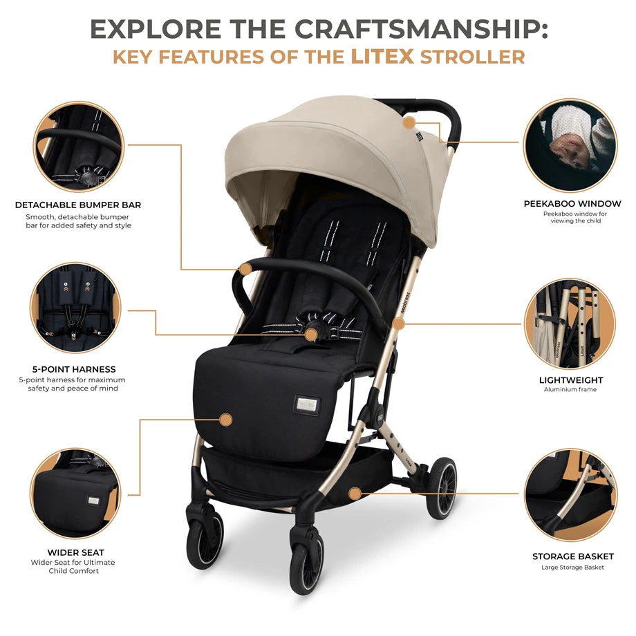 Neobreez Litex Compact Cabin Stroller Travel Stroller (Beige/Black with Gold Frame)
