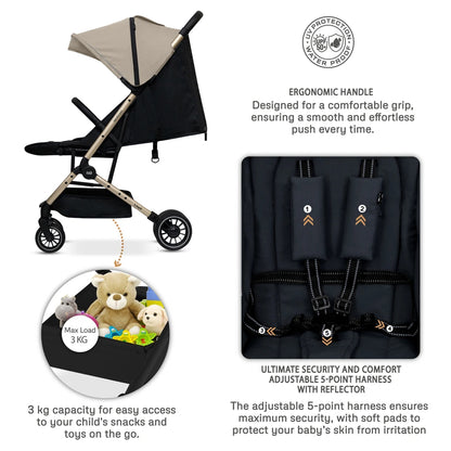 Neobreez Litex Compact Cabin Stroller Travel Stroller (Beige/Black with Gold Frame)