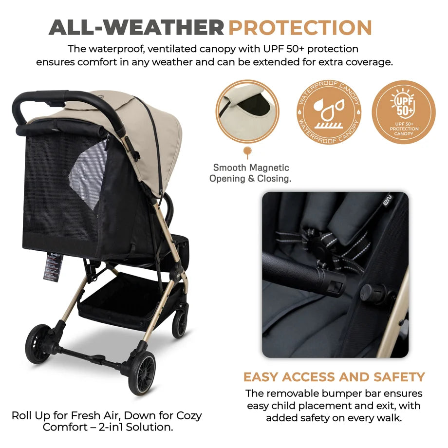 Neobreez Litex Compact Cabin Stroller Travel Stroller (Beige/Black with Gold Frame)