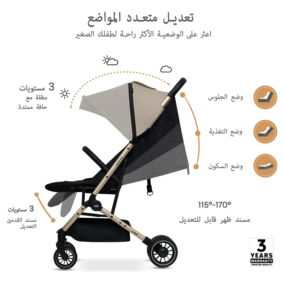 Neobreez Litex Compact Cabin Stroller Travel Stroller (Beige/Black with Gold Frame)