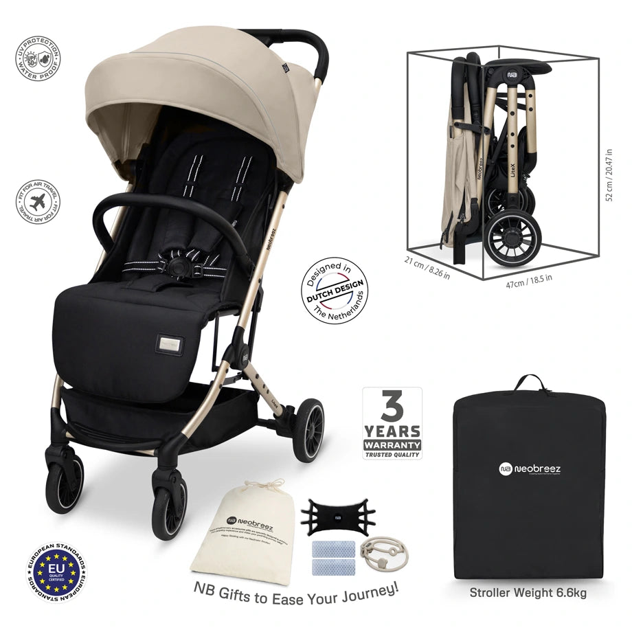 Neobreez Litex Compact Cabin Stroller Travel Stroller (Beige/Black with Gold Frame)