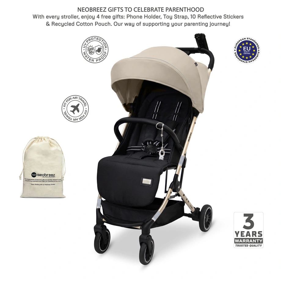 Neobreez Litex Compact Cabin Stroller Travel Stroller (Beige/Black with Gold Frame)