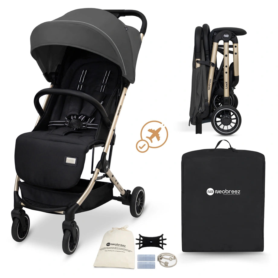 Neobreez Litex Compact Cabin Stroller Travel Stroller (Grey/Black with Gold Frame)