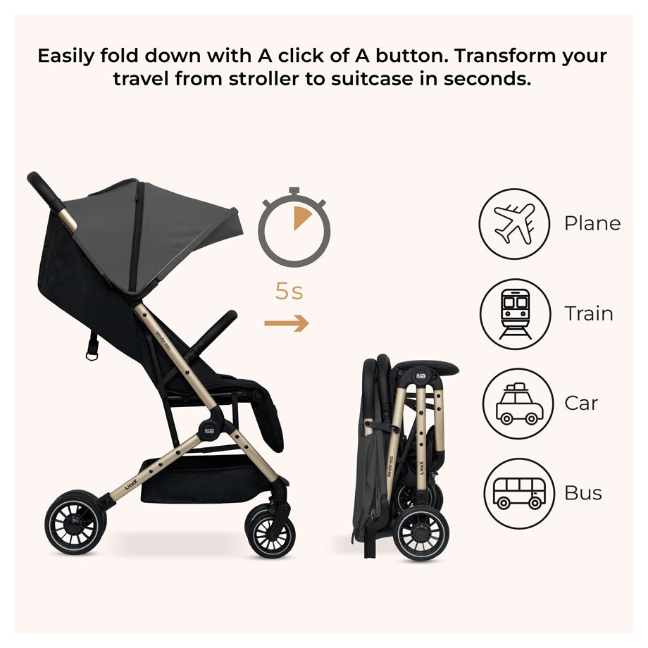 Neobreez Litex Compact Cabin Stroller Travel Stroller (Grey/Black with Gold Frame)